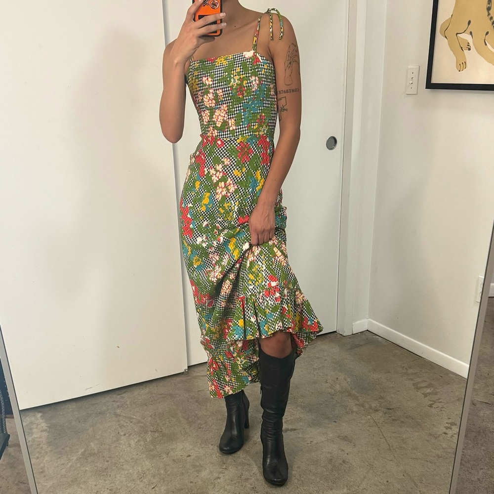 Vintage Fitted Checkered Floral Maxi Dress